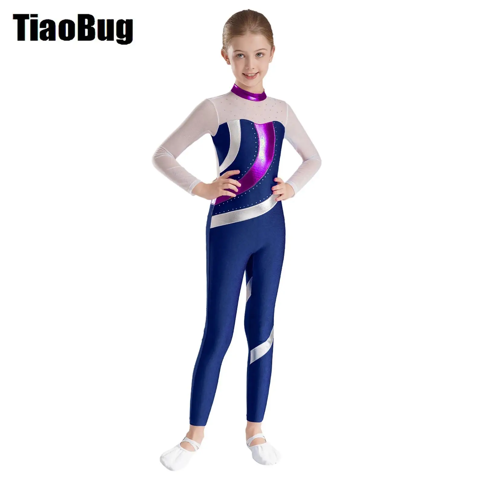 Kids Girls Ballet Leotard Metallic Jumpsuit Shiny Rhinestones Long Sleeve Full Length Bodysuit for Figure Skating Gymnastics