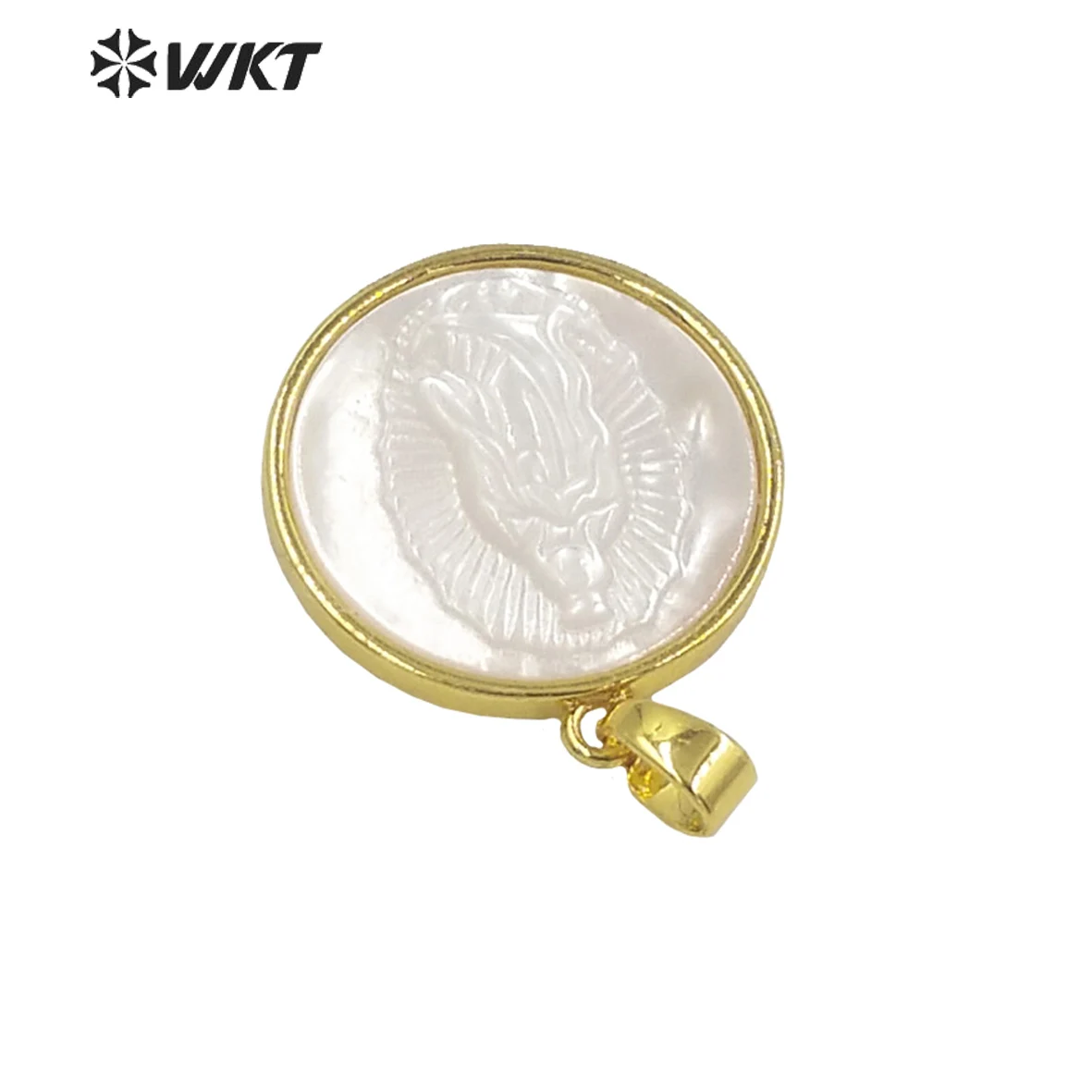 WT-JP321 Wholesale Fashion Gold Plated Mother Of Pearl Religion San Benito Jewelry Pendant 20mm Round Shell Maria Vigen