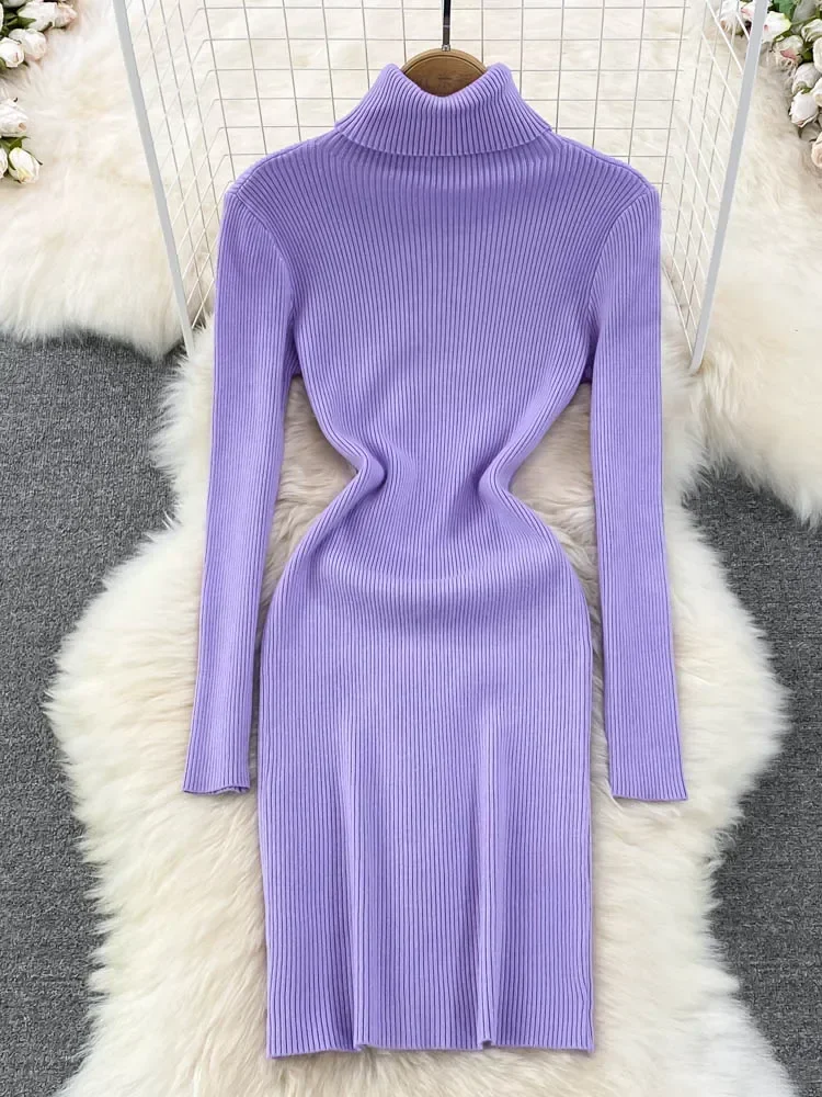 Elegancka dzianinowa sukienka ołówkowa z długim rękawem i golfem Slim Basic Fashion Sweter Vestido Seksowne kobiety Jesień Zima Odzież — zdjęcie 2