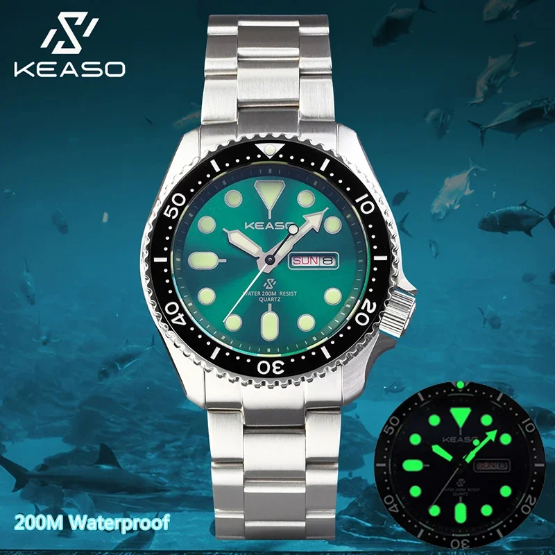 KEASO New 42mm MIYOTA 2035 Quartz Movement Men Dive Watch C3 Super Luminous 316L Solid Steel 200M Waterproof Sapphire Watches
