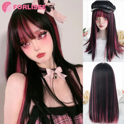 FOELISEE peluca sintética de 23 pulgadas con flequillo, peluca larga recta negra resaltada roja para mujer, peluca para fiesta de Cosplay y Navidad