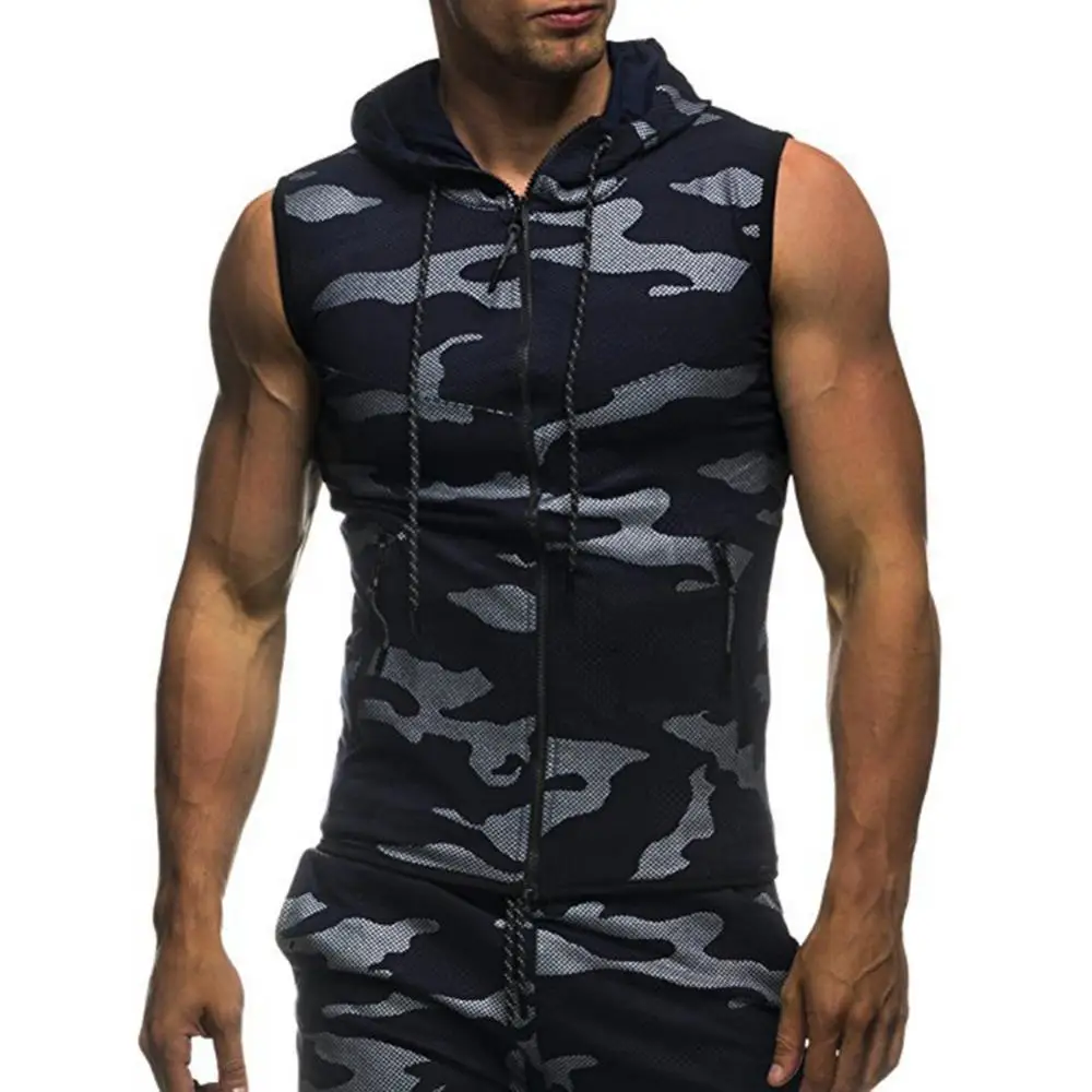 Hooded Camouflage Men Hoodie Hood Top 3XL Summer Gym Fitness Mesh Hoodies Zip Up Sleeveless Tank HOT SALES