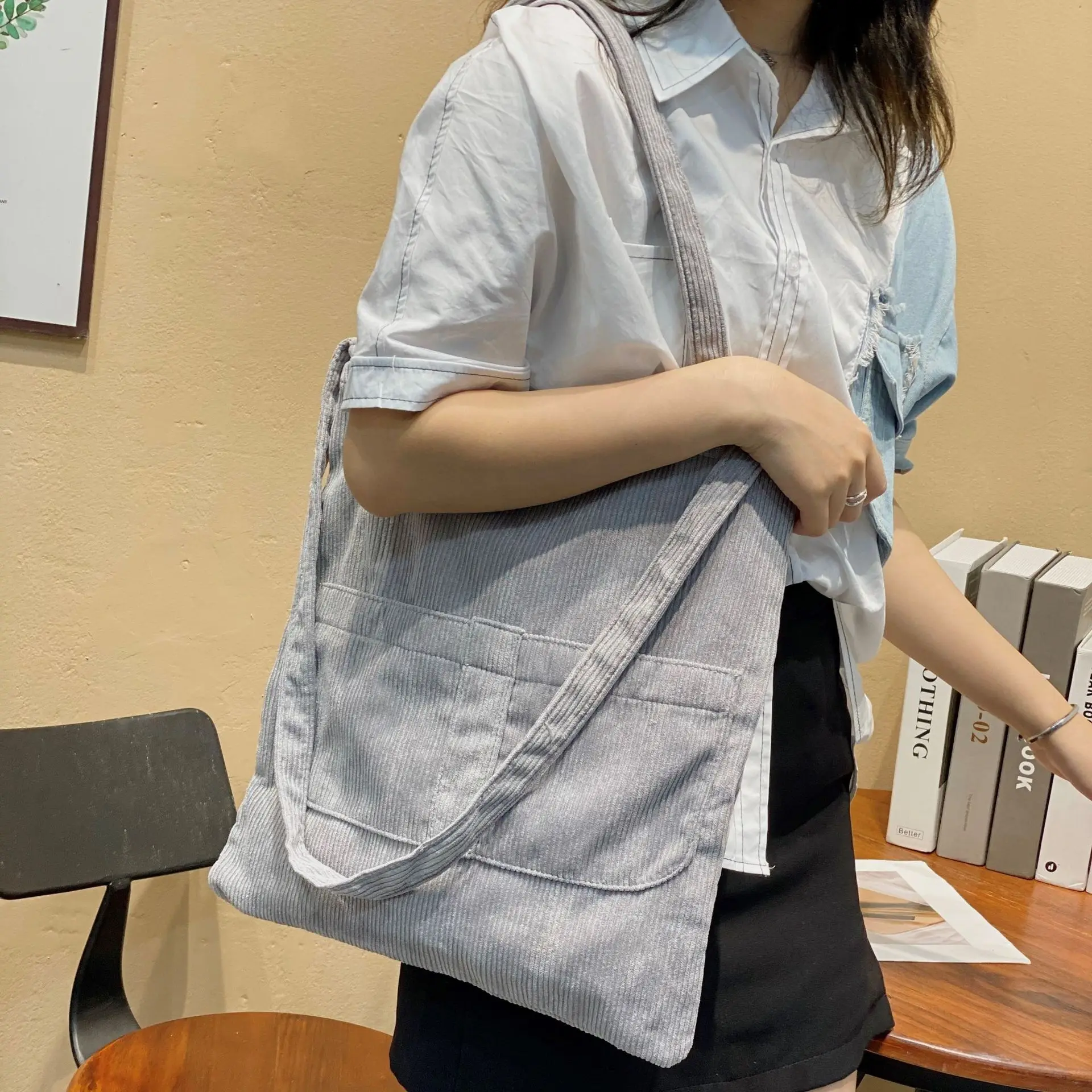 SCOFY FASHION Soft Korean Style Corduroy Shoulder Bags Multi Pocket Tote Bags for Women Travel Shopping Purses and Handbags