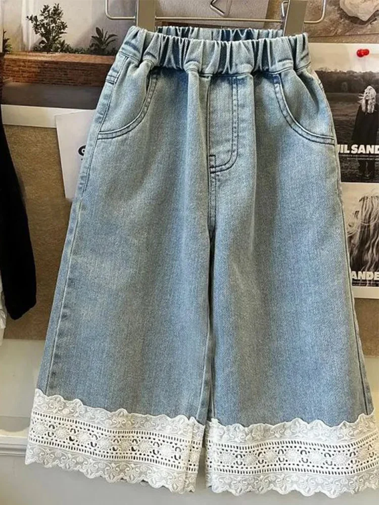 2024 Spring Girls Jeans For Small And Medium-Sized Children Lace Casual Pants Loose And Comfortable Straight Leg Baby Kids Pants