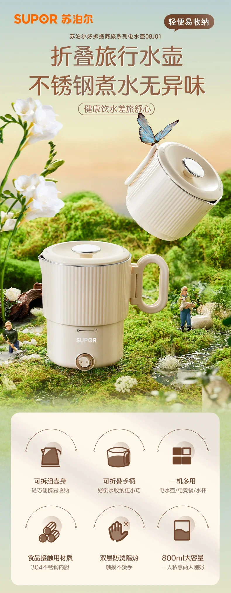 220 В складной мини-портативный электрический чайник из нержавеющей стали для домашнего использования, изолированный цельный дорожный чайник