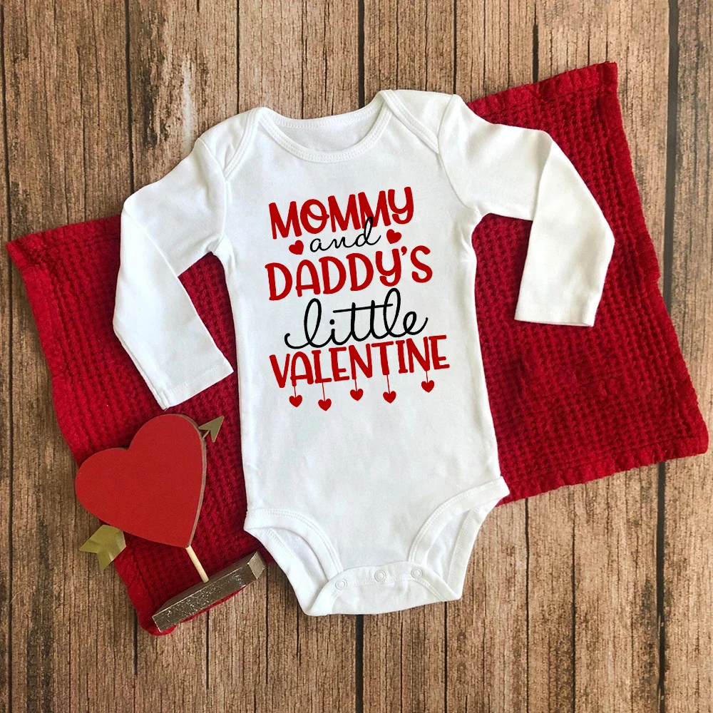 Mommy and Daddy's Little Valentine Print Baby Romper Infant Valentine's Day Outfit Newborn Long Sleeve Bodysuit Toddler Jumpsuit