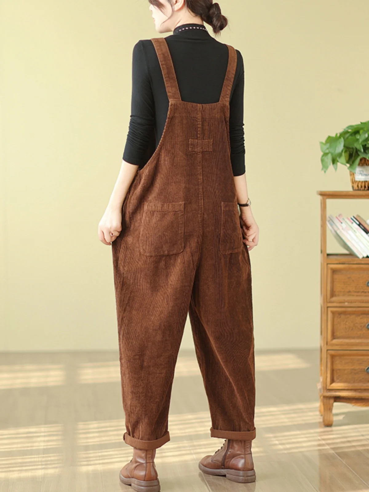 Retro Corduroy Women Jumpsuits Spring Autumn Loose Simple Straight Casual Multi Pockets All-Match Solid Color Literary Playsuits