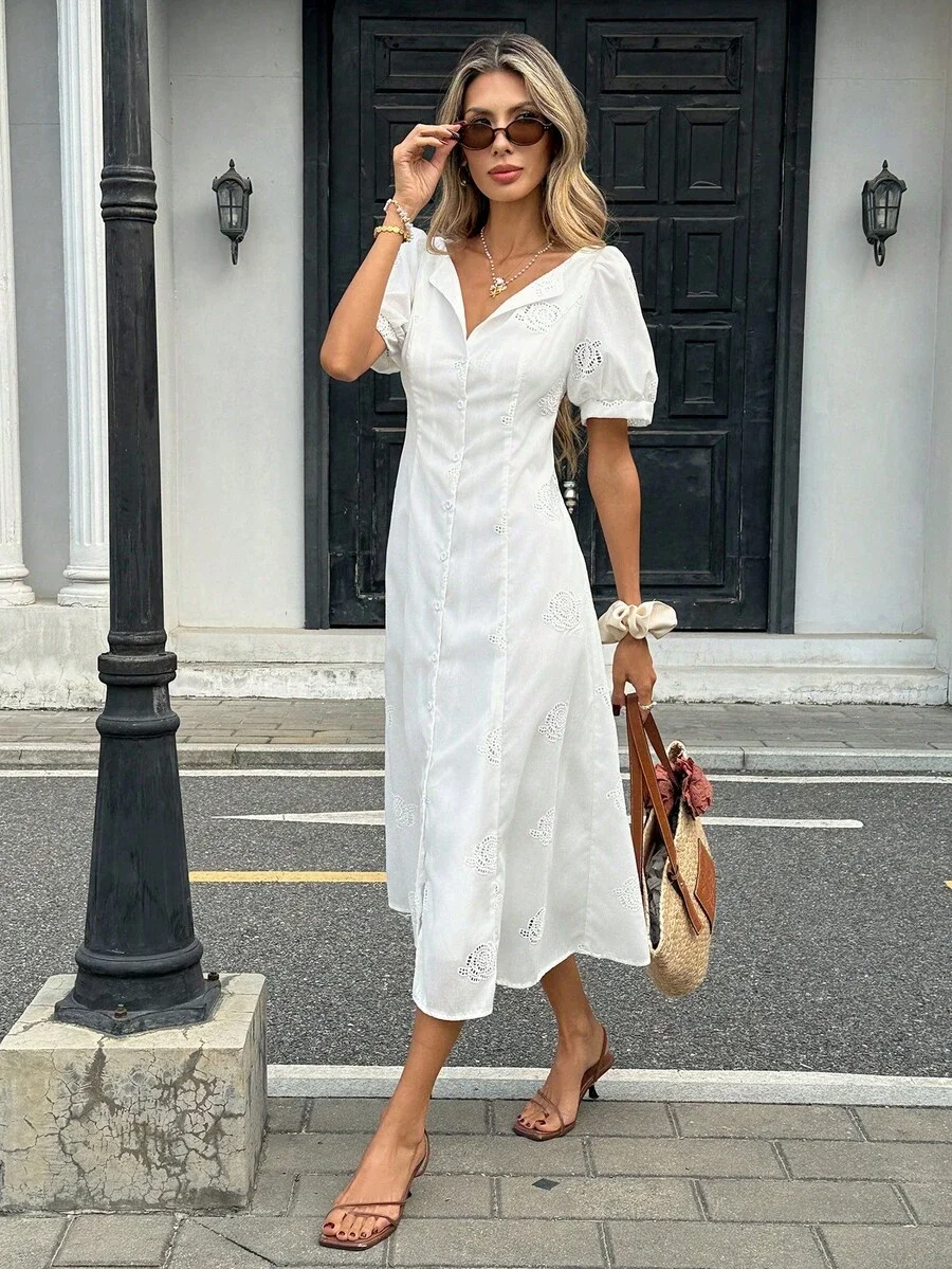 

White V-Neck Hollow Embroidered Midi Dress Puff Sleeve Button Front Casual Summer Dress