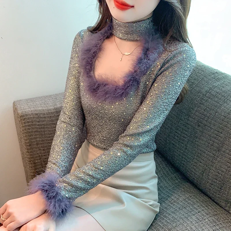 

2023 Winter Office Lady T-shirt Fuzzy Fur Patchwork Hollow Out Halter Collar Women's Slim Shirts Stretched Female Basic Top Tees