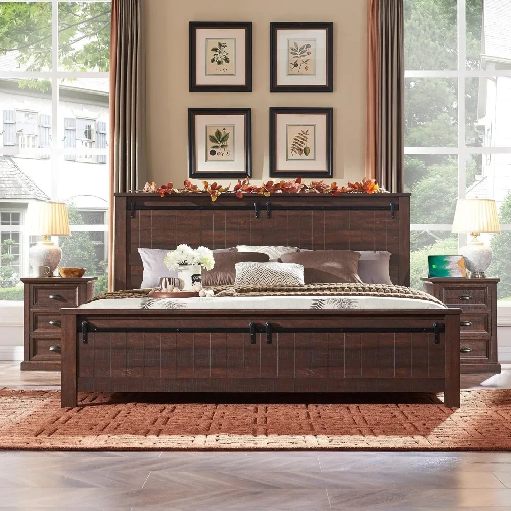 Queen Size Bed Frame w/47 Headboard, Wooden Bed Frame w/Groove Sliding Barn Door Footboard, Rustic Platform Bed Frame