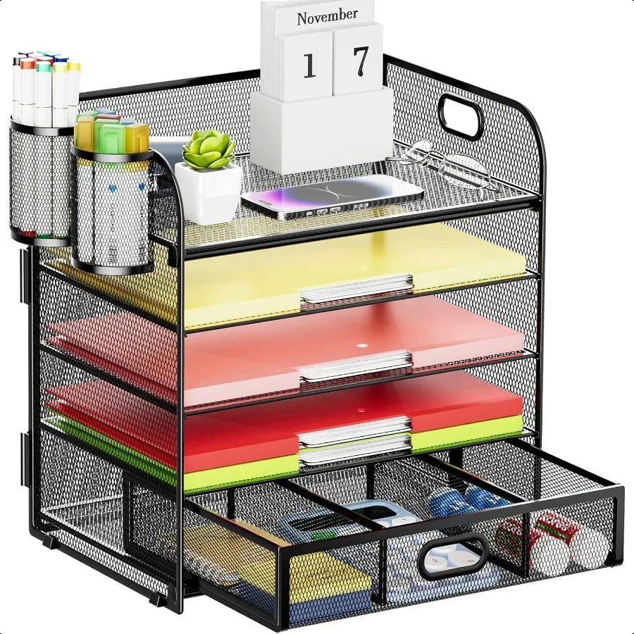 

Lavatino 5 Tier Paper Organizer for Desk Letter Tray with Drawer and 2 Pen Holders Mesh File Sorter Desktop Document Shelf Stor