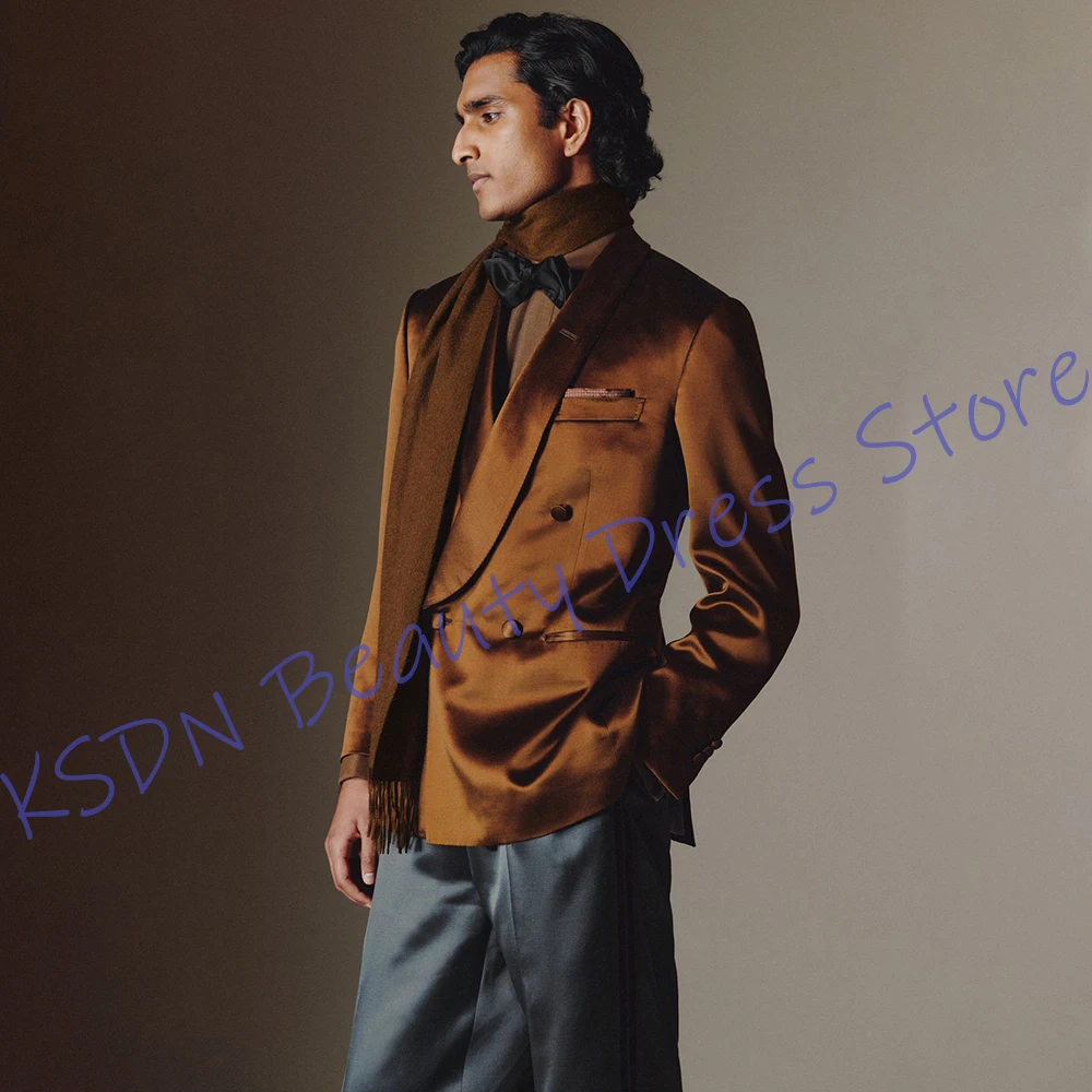 

Elegant Men's Suits Double-Breasted Shawl Lapel Two Piece(Jacket+Pants) Set Brown Stain Blazer Sleek Formal Evening Party Wear