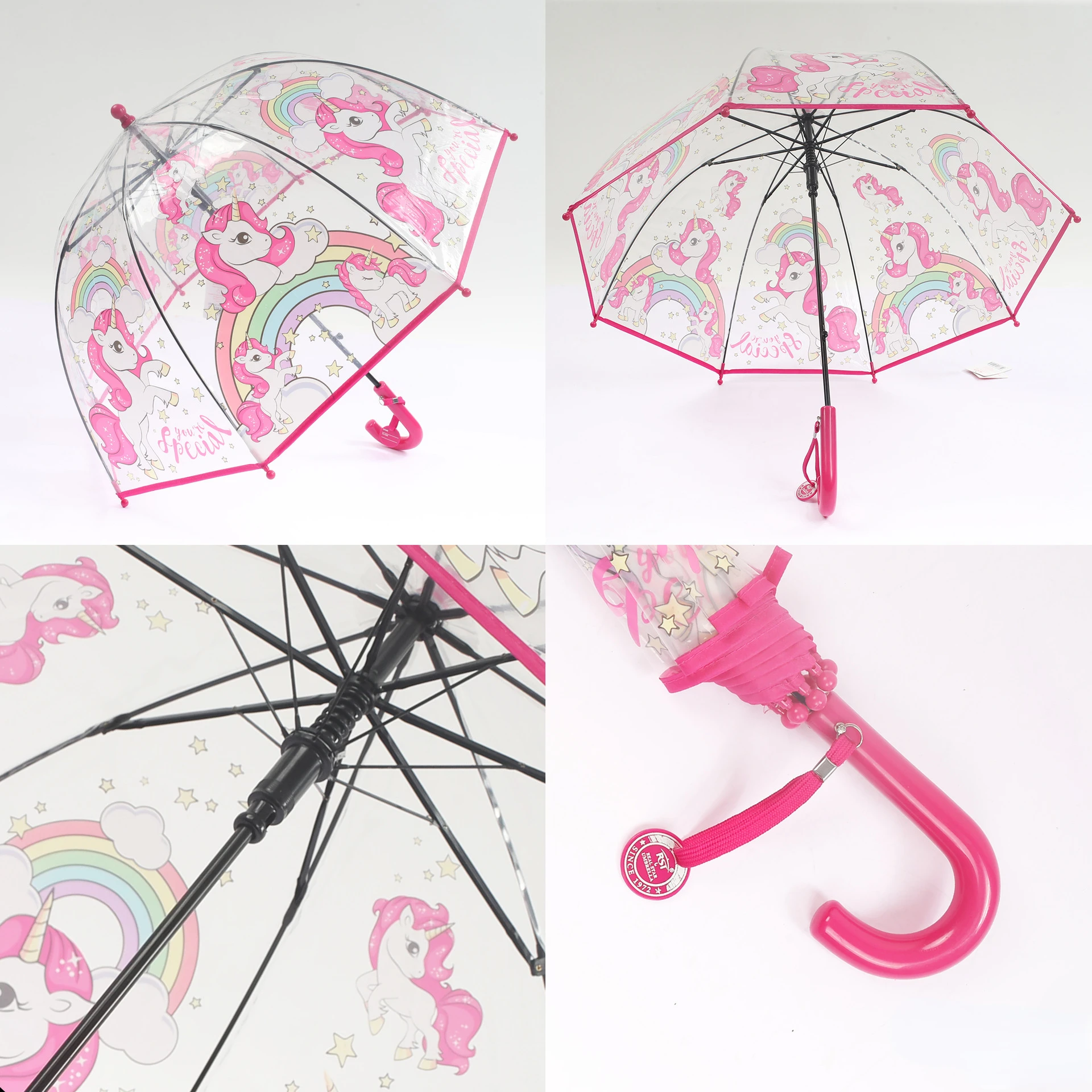 Guarda-chuva de unicórnio de plástico transparente para crianças, princesa colorida com encadernação, linda garota kawaii, 2024