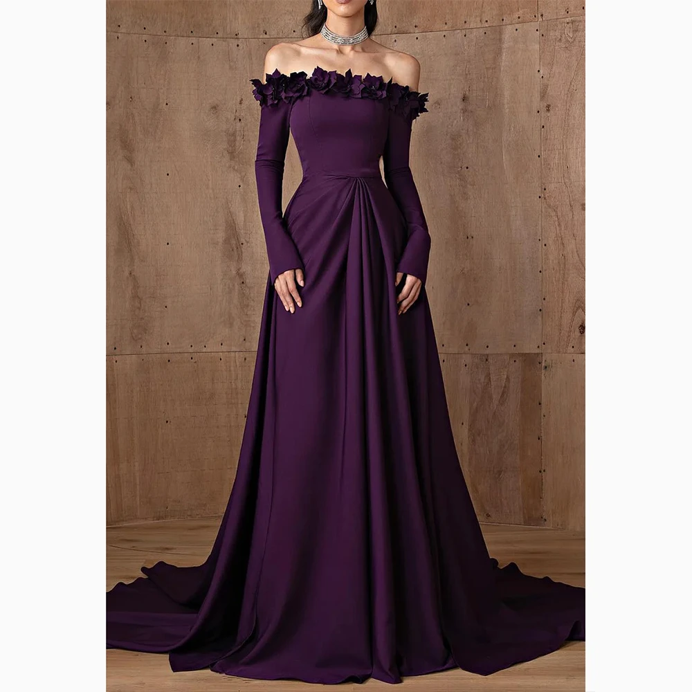 

Платье для выпускного вечера с фиолетовым цветком и вырезом «лодочка» без рукавов, вечернее платье трапециевидной формы, элегантное вечернее платье длиной до пола, по индивидуальному заказу