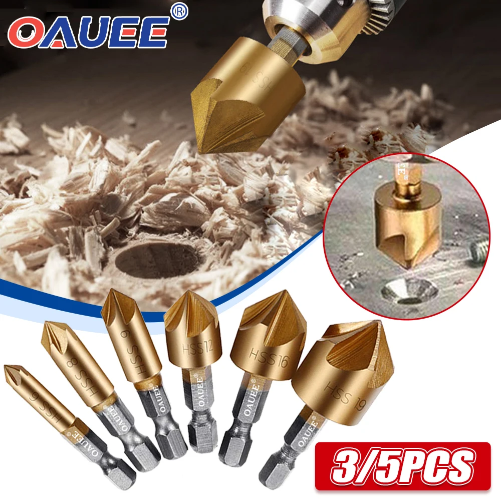 Oauee 2/3/5PCS Counter Sink Drill Bit Set 1/4\'\' Hex Shank HSS 5 Flute Countersink 90 Degree Wood Chamfered Cutter Chamfer 6/19mm