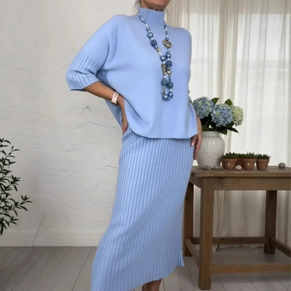 

2026 Autumn Winter Solid Color Elegant High Neck Knitted Sweater And Skirt Two-Piece Set