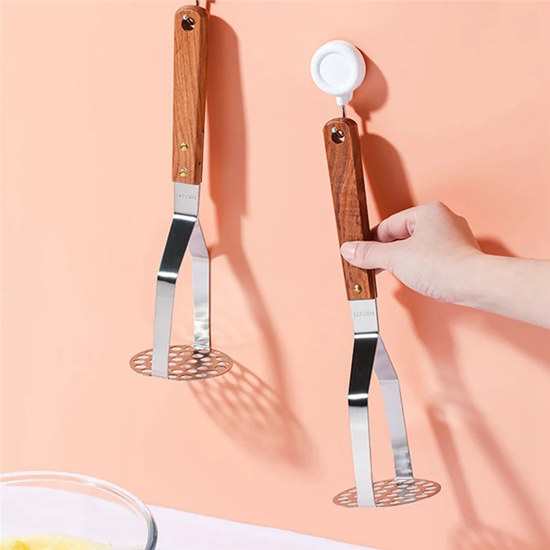 

A96I-2 PCS Potato Mashers Vintage Kitchen Utensil Stainless Round Potato Masher Wooden Handle Masher Ricer Tool