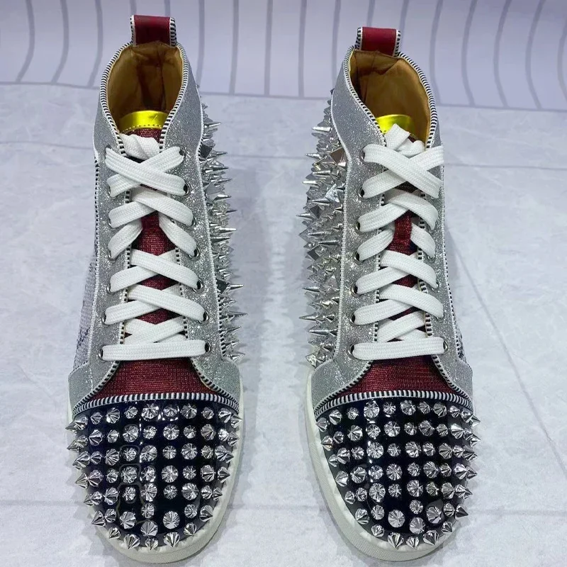Rivets Fashion Designer Flat Classic Lace Up Men's Sports Shoes High-Top Leather Comfort Silver Luxury Men's Casual Sneakers New