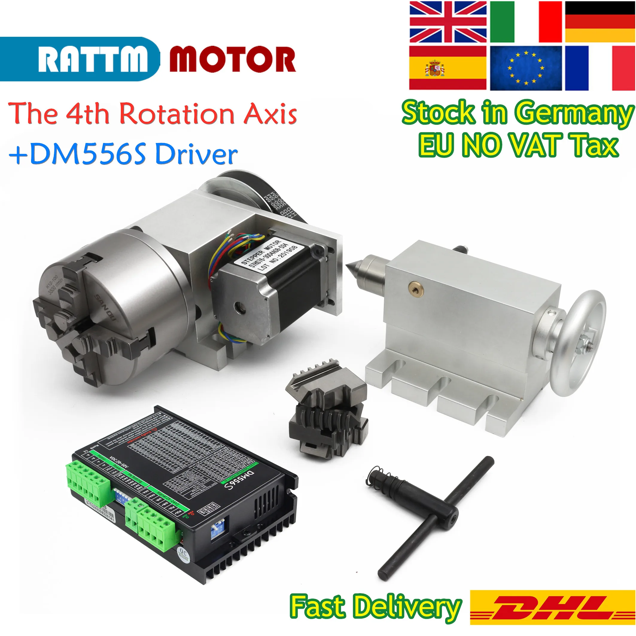 【EU Stock】K12-100mm 4 Jaw Chuck 4th Axis Reducing ratio: 6:1+Tailstock Dividing Head Rotation Axis with 57 Stepper Motor Driver