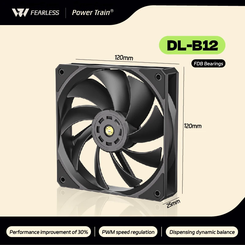 Power Train DL-B12 PC Fan 120mm FDB Bearing Low Noise PWM Speed Regulation 12V 73.6CFM High-Performance Computer Case Fan