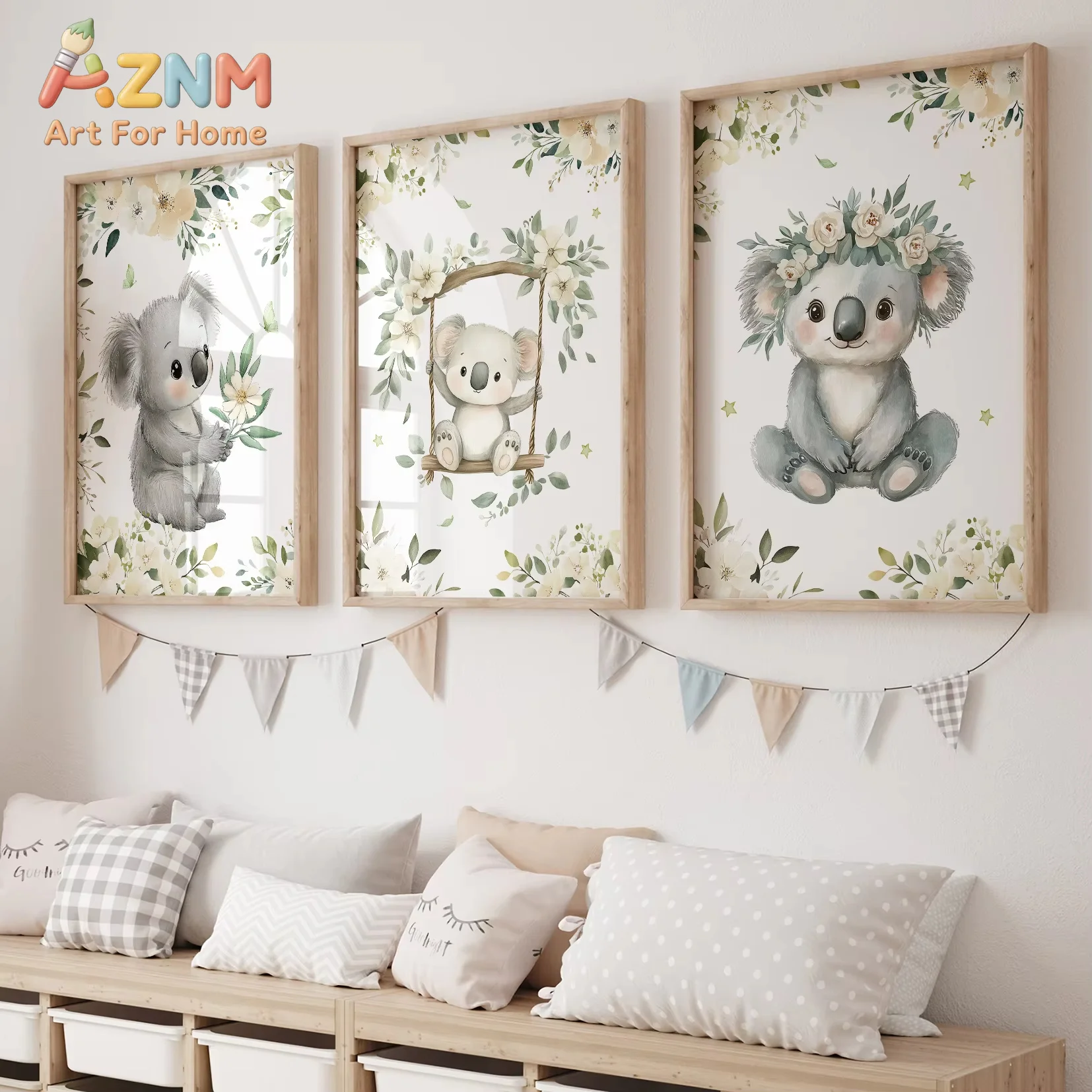 3pcs Cartoon Green Koala Swing Wall Art Prints Canvas Painting Poster Picture For Living Room Home Decor