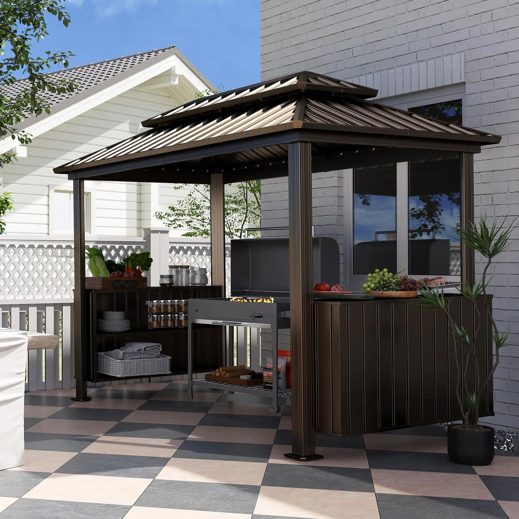 ！@Double Galvanized Steel Hardtop Grill Gazebo with 2 Cabinets Ceiling Hooks for Outdoor BBQ Canopy & Pergola in Backyard Lawn