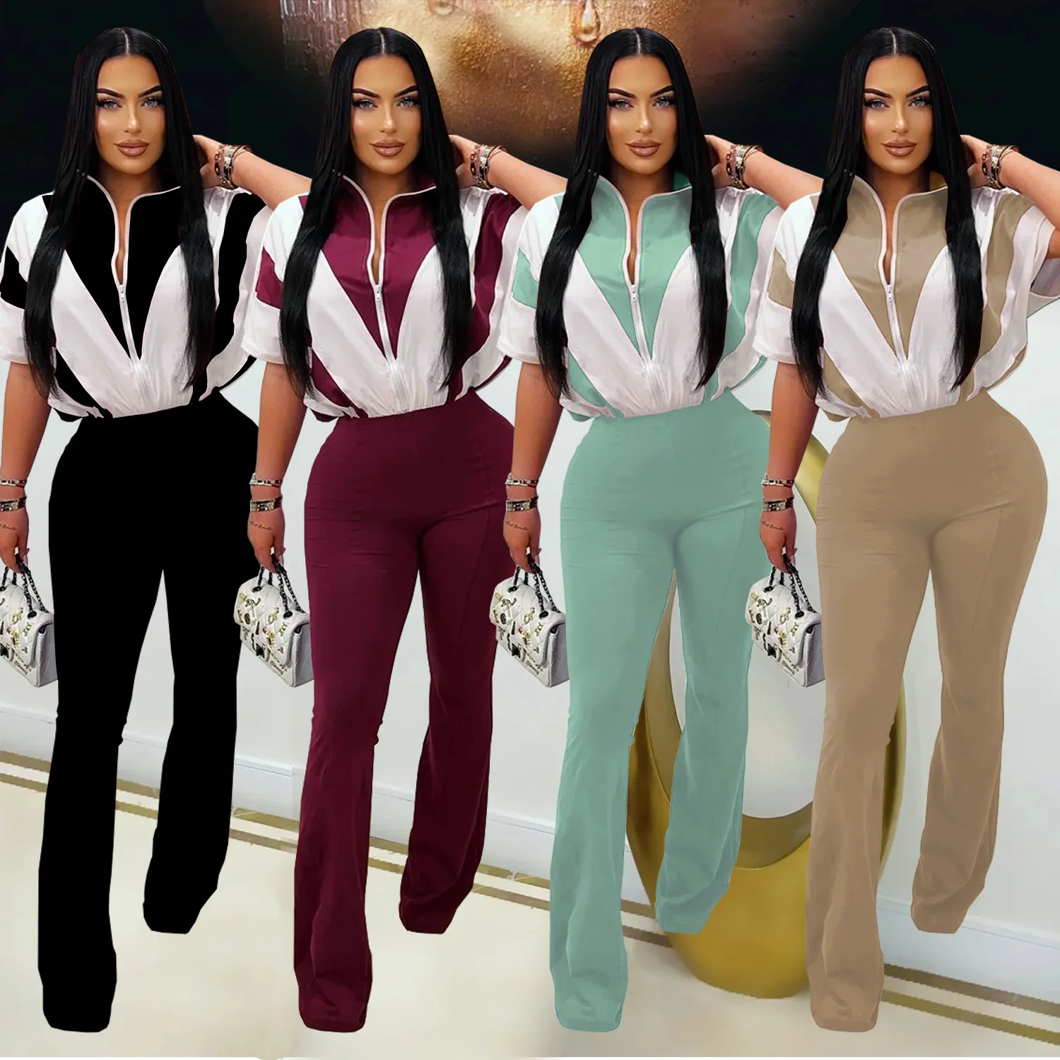 

Casual Summer Stretch Color Patchwork Short Sleeve One Piece Jumpsuit Women Straight Leg Jumpsuit