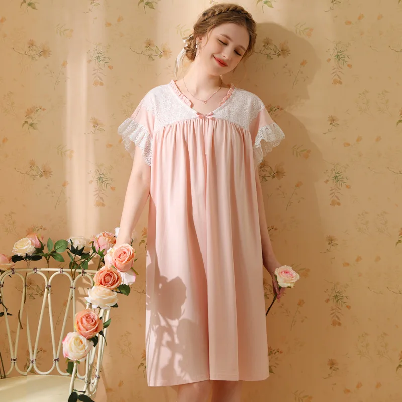 

Sweet Cotton V Neck Nightgown Spring Summer Fairy Lace Short Sleeve Nightdress Women Pink White Princess sleepwear Nightwear