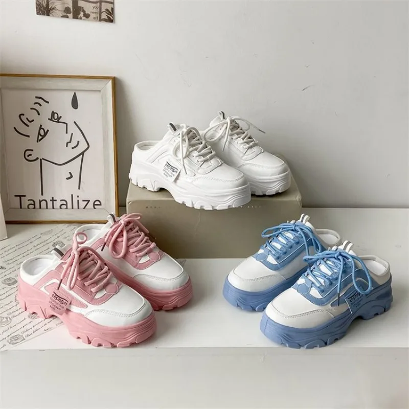 Women\'s Half Slippers PU Leather Womens Sneakers Breathable Platform Loafers Lace-up Shoes Outdoor Casual Shoes