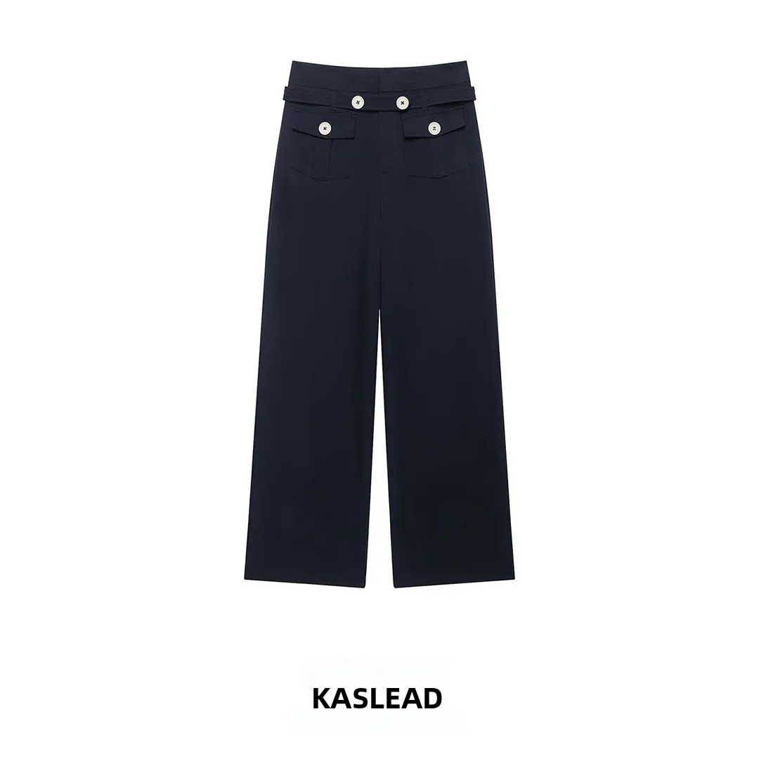 KASLEAD New Women's Fashion High Waist Straight Leg Pants Button Detail Color Block Versatile Style Casual Polyester Fiber