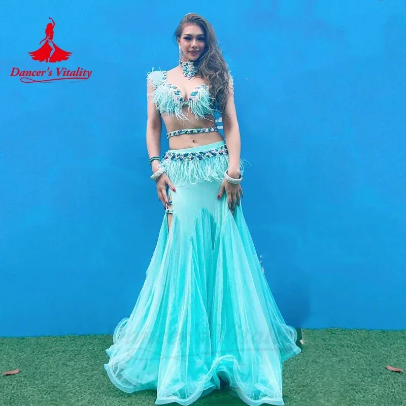 Belly Dance Suit Feather Diamond Bra Split Long Skirt Performance Clothing Set  High-end Custom Adult Child Competition Clothes