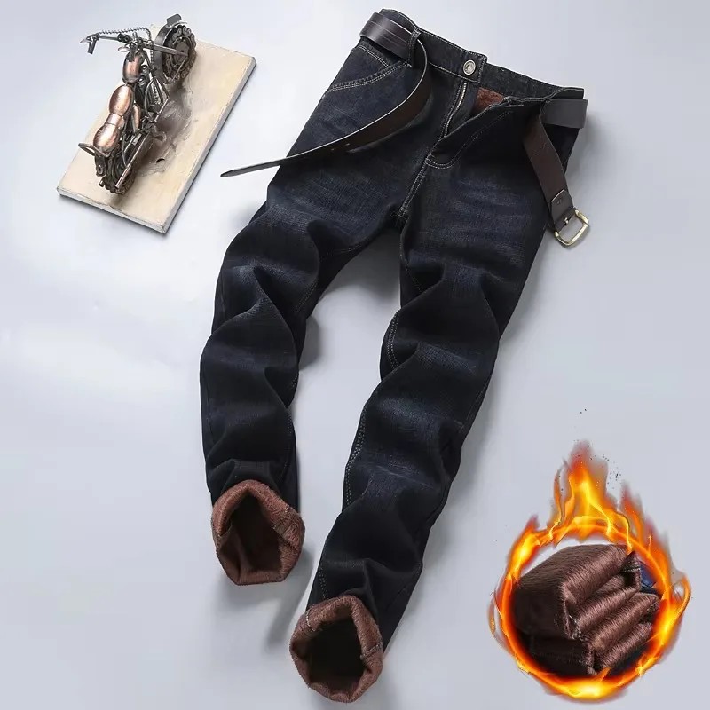 2024ฤดูหนาวใหม่สบายๆขนแกะกางเกงยีนส์สไตล์คลาสสิกธุรกิจThickenขนสัตว์ปกติFit DenimกางเกงPlushกางเกง