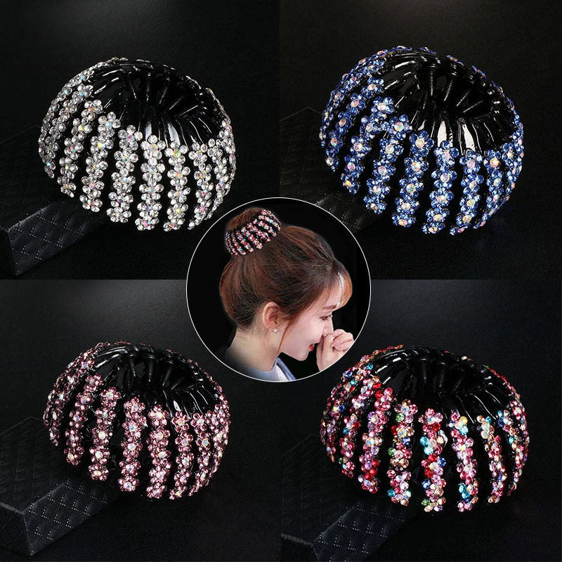 Fashion Bun Crystal Flowers Hair Claw Rhinestone Bun Maker Curler Hair Clip Bird Nest Expanding Hairpin Women Hair Accessories