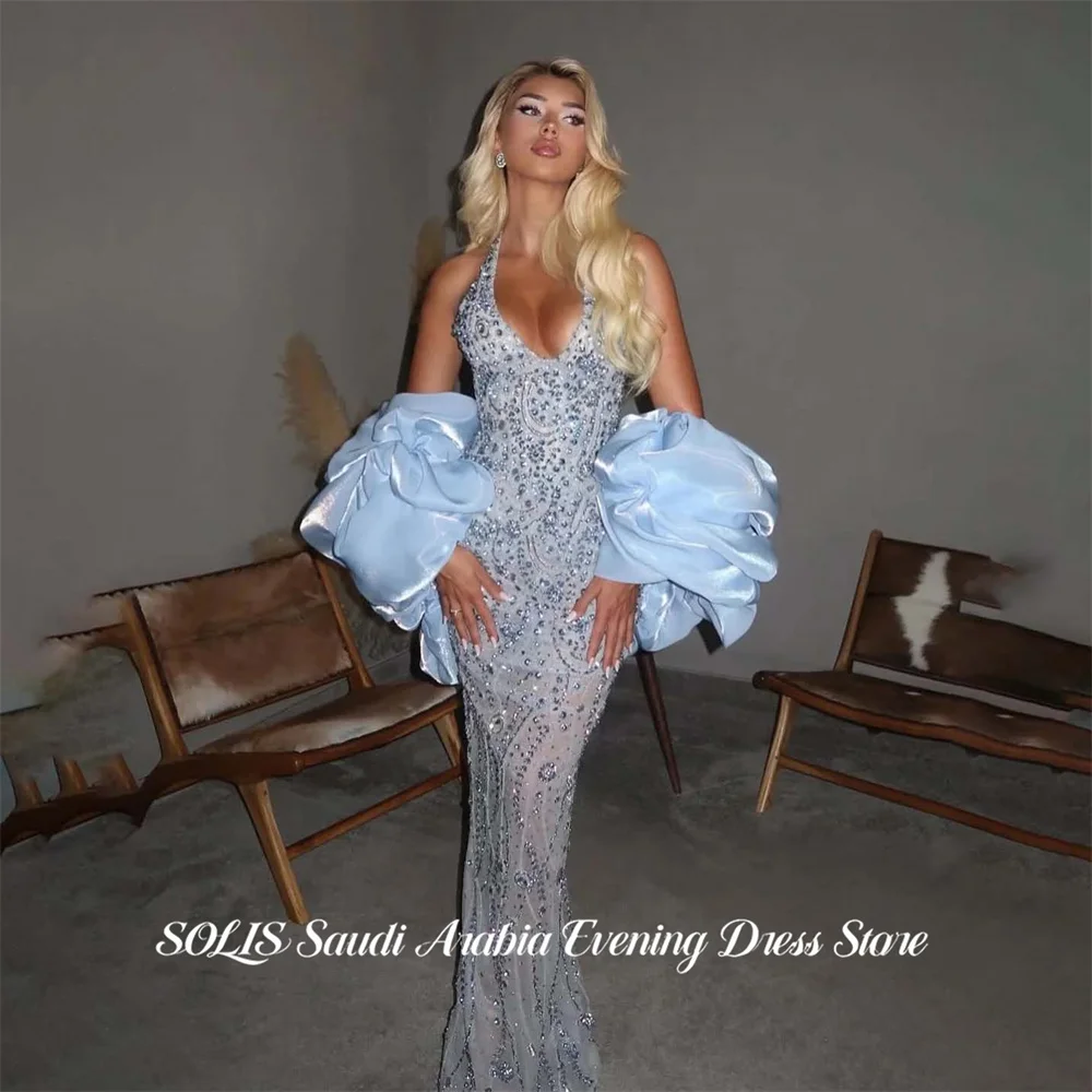 

SOLIS Light Blue Prom Dresses Halter Neck Evening Dresses Mermaid Party Dress Glitter Sequin Robe De Soirée Luxury Customized