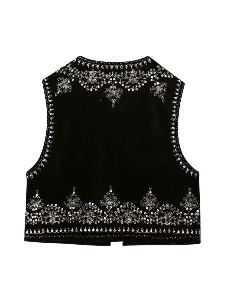 TRZA Women Fashion With Sequin Floral Embroidery Crop Waistcoat Vintage O Neck Sleeveless Female Outerwear Chic Vest Tops image 2