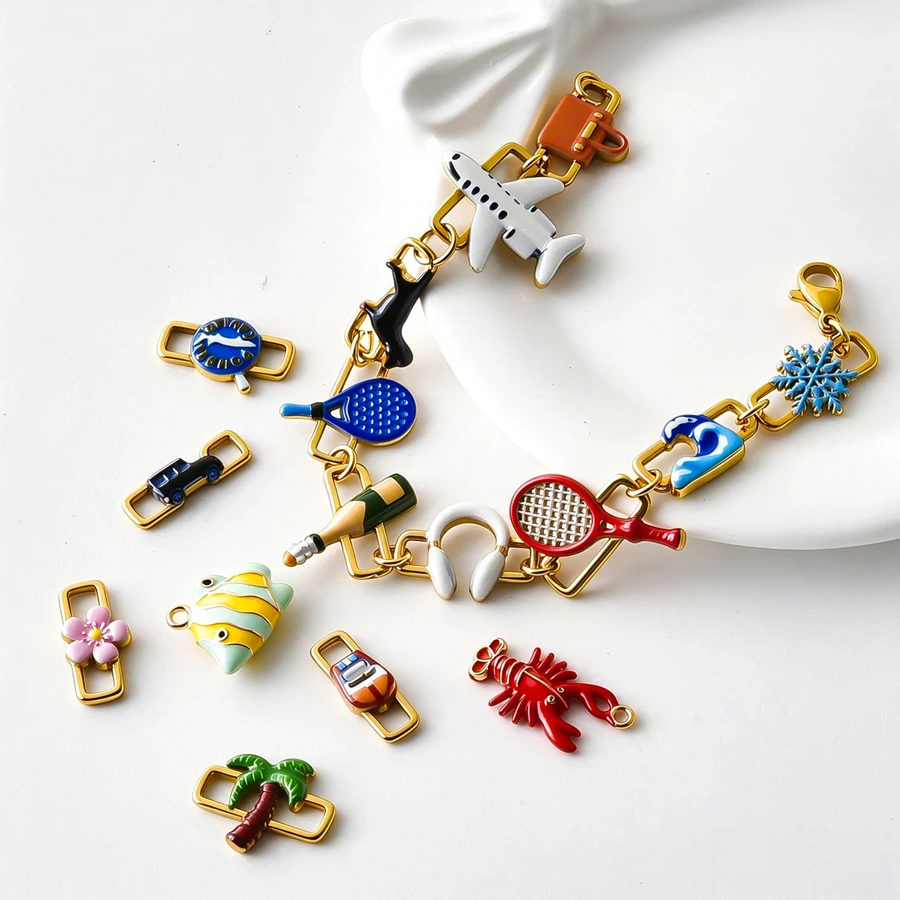 1Pc Chic Stainless Steel Enamel Sea Travel Plane Flower Connector Charms DIY Bracelet Making Bisutería Hand painted Dog Pendant