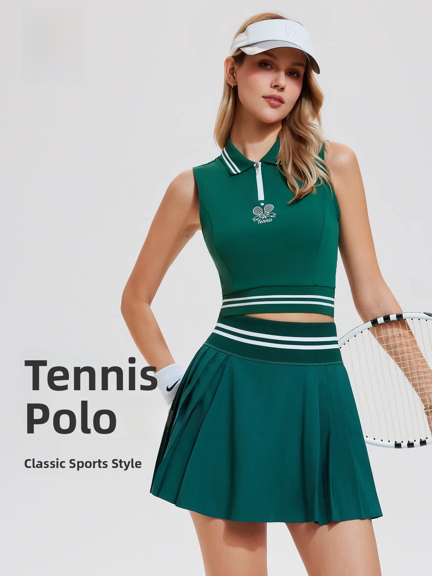 Coryfe Women's Sportswear Set High Waist Pleated Skirt Sleeveless  Collar Short Top Two Piece Set Color Block Design