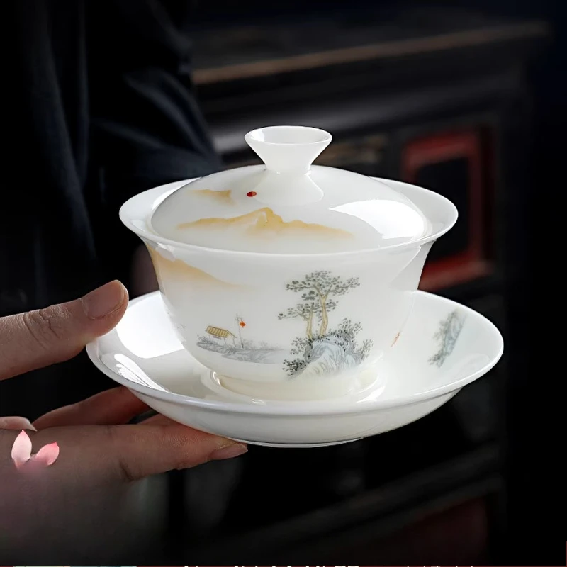 High-grade suet jade porcelain Sancai tea bowl