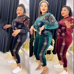 Traje africano, ropa africana para mujer, ropa de terciopelo para mujer africana, conjunto de 2 piezas africano, Top y pantalón largo para Otoño e Invierno