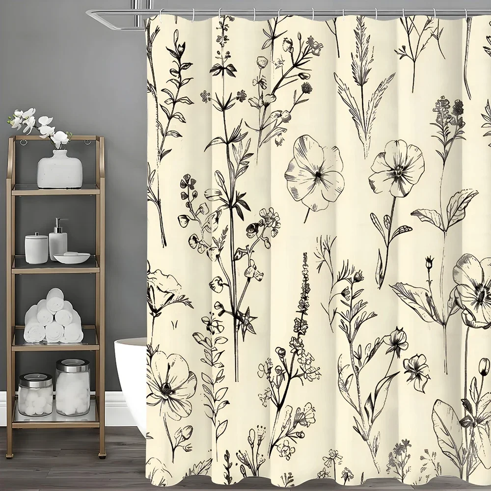 

Black Beige Floral Shower Curtain, Bathroom Decorative Shower Curtain, Waterproof Shower Curtain with Hooks