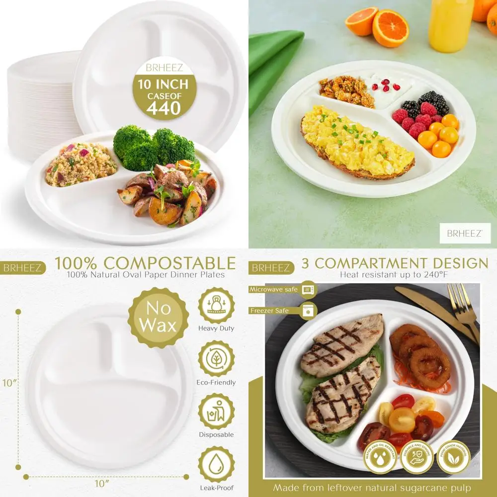 

Eco-Friendly Heavy Duty 10 Inch Round 3 Compartment Disposable Plates Made from 100% Natural Sugarcane Fiber Biodegradable