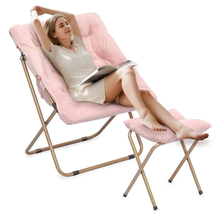 เก้าอี้ทรงจานพร้อมที่วางเท้าสำหรับผู้ใหญ่ เก้าอี้พักผ่อนพร้อมที่วางเท้า เก้าอี้ทรงจานพับได้แบบนุ่มสำหรับผู้ใหญ่และเด็ก ห้องนอน ห้องนั่งเล่น