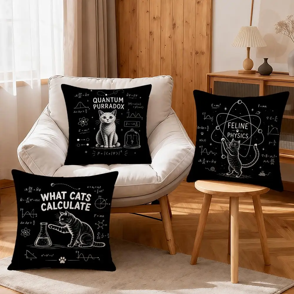 Art Quantum Physics Cat Sketch Cushion Cover Linen Anti-Mite Antibacterial Cushion Cover Invisible Zipper Sofa Decor