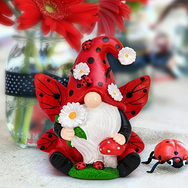 1/2 Piece Cross-Border Mushroom Ladybug Gnome Statue Decorative Ornament for Garden, Yard, Lawn, Outdoor Decoration, Resin Ornament, Perfect for Halloween, Thanksgiving, or Christmas Gifts, Also Suitable as Giveaways, Student Gifts, Birthday Gifts, Holiday Gifts, Classroom Prizes