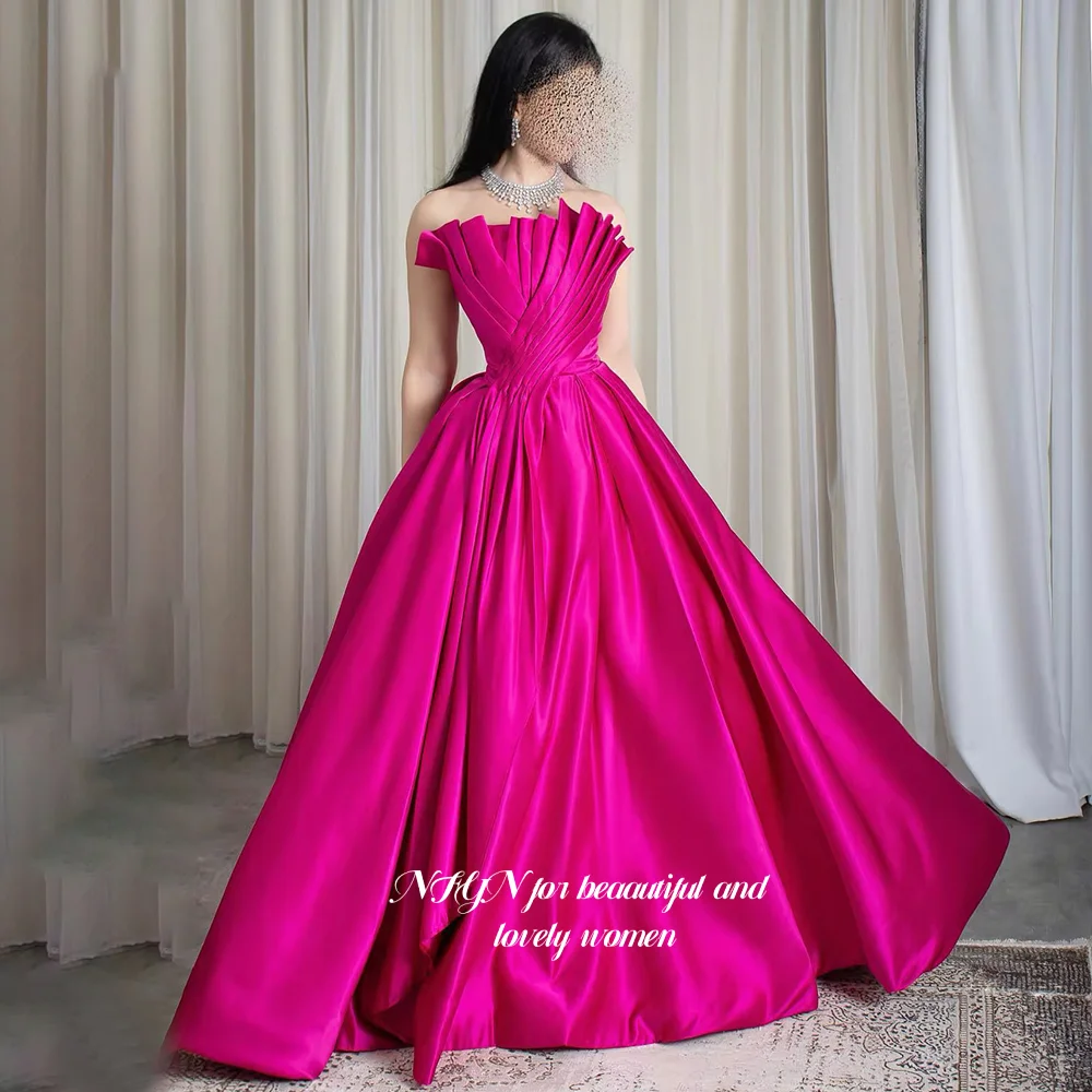 

NFYN Fuchsia Party Dress A Line Prom Dress withR Pleats Party Dress Satin Evening Dress for Women حزب فساتين Customiz