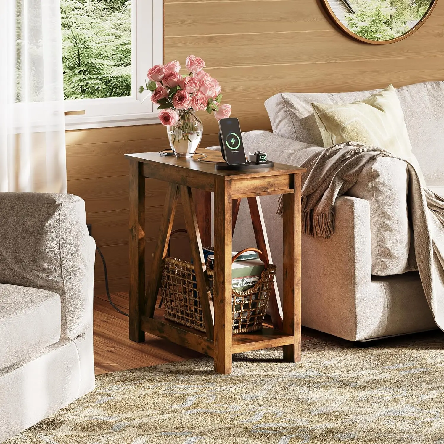 Farmhouse End Table, Narrow Side Table with Charging Station, Slim End Table, Side Table for Bedroom