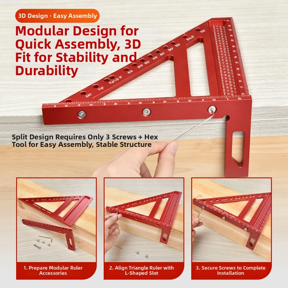 

8.5 Inch Aluminum Alloy Triangle Ruler for Woodworking with 15 45 60 90 Degree Marking Holes and Ruler Function