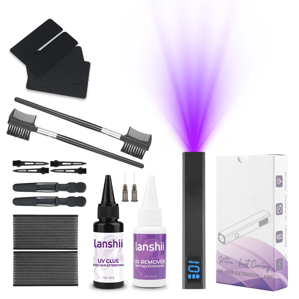 lanshii-kit-d'extension-de-cheveux-a-colle-uv-–-ensemble-de-liaison-invisible-v-light-avec-dissolvant-outils-professionnels-pour-extensions-de-cheveux-et-bricolage