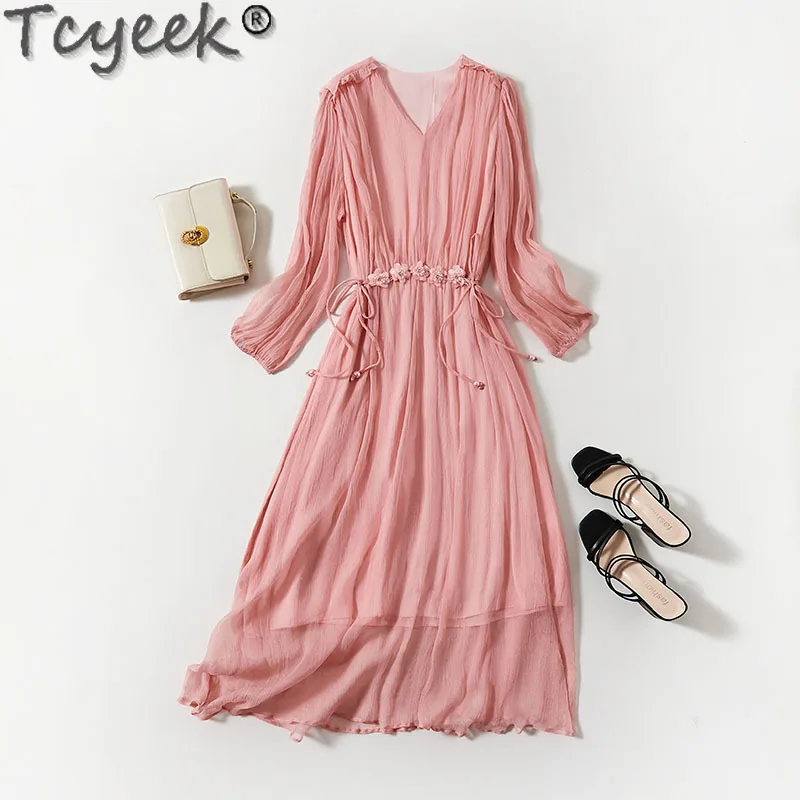 

Tcyeek Real Mulberry Silk Long Dresses for Women Beach Dress Elegant and Pretty Women's Dresses Summer Clothes Vestido Mujer