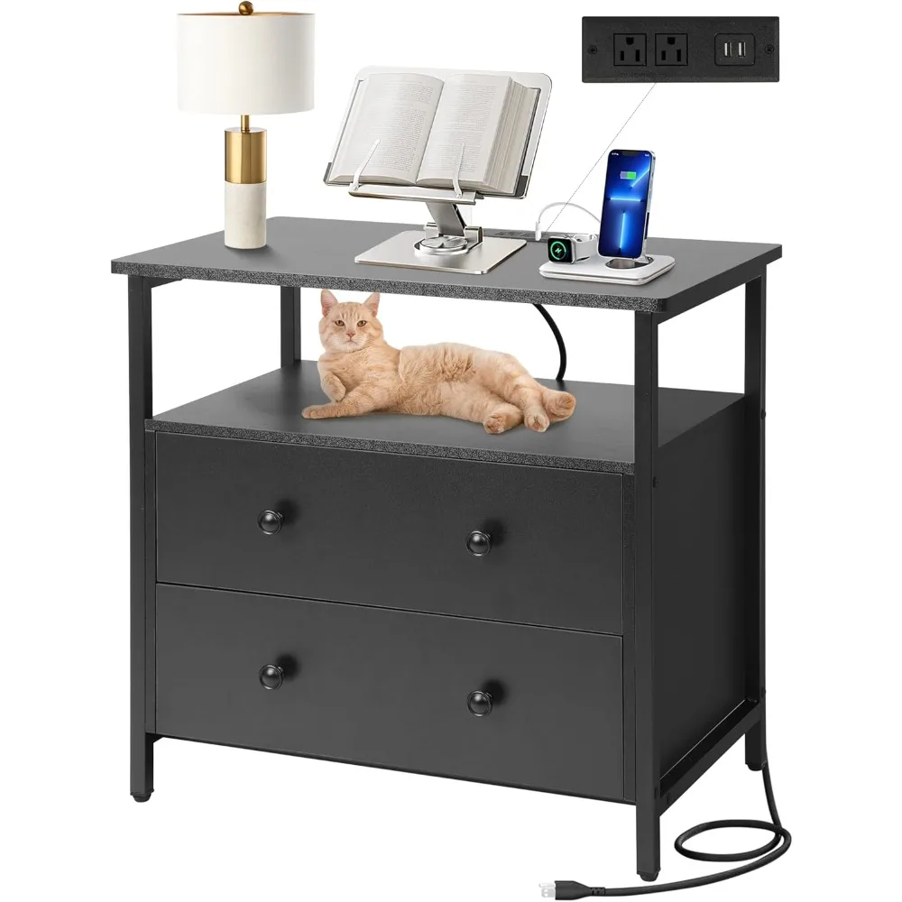 27 inch Wide Nightstand with Charging Station, Bedside Table with Open Shelf, 2 Drawers Small Wood Dresser, End Side Table